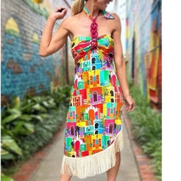 NWT Alden Adair Shoshana Dress Casablanca Print Halter Fringe Size Large - Picture 1 of 8